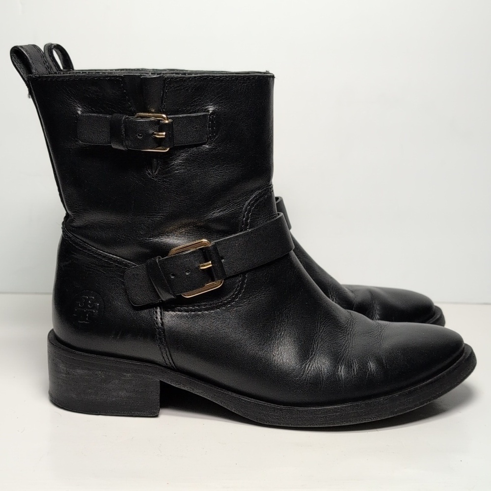 Tory Burch Bennie Black Combat Moto Boots with Buckle Straps womans size 7.5